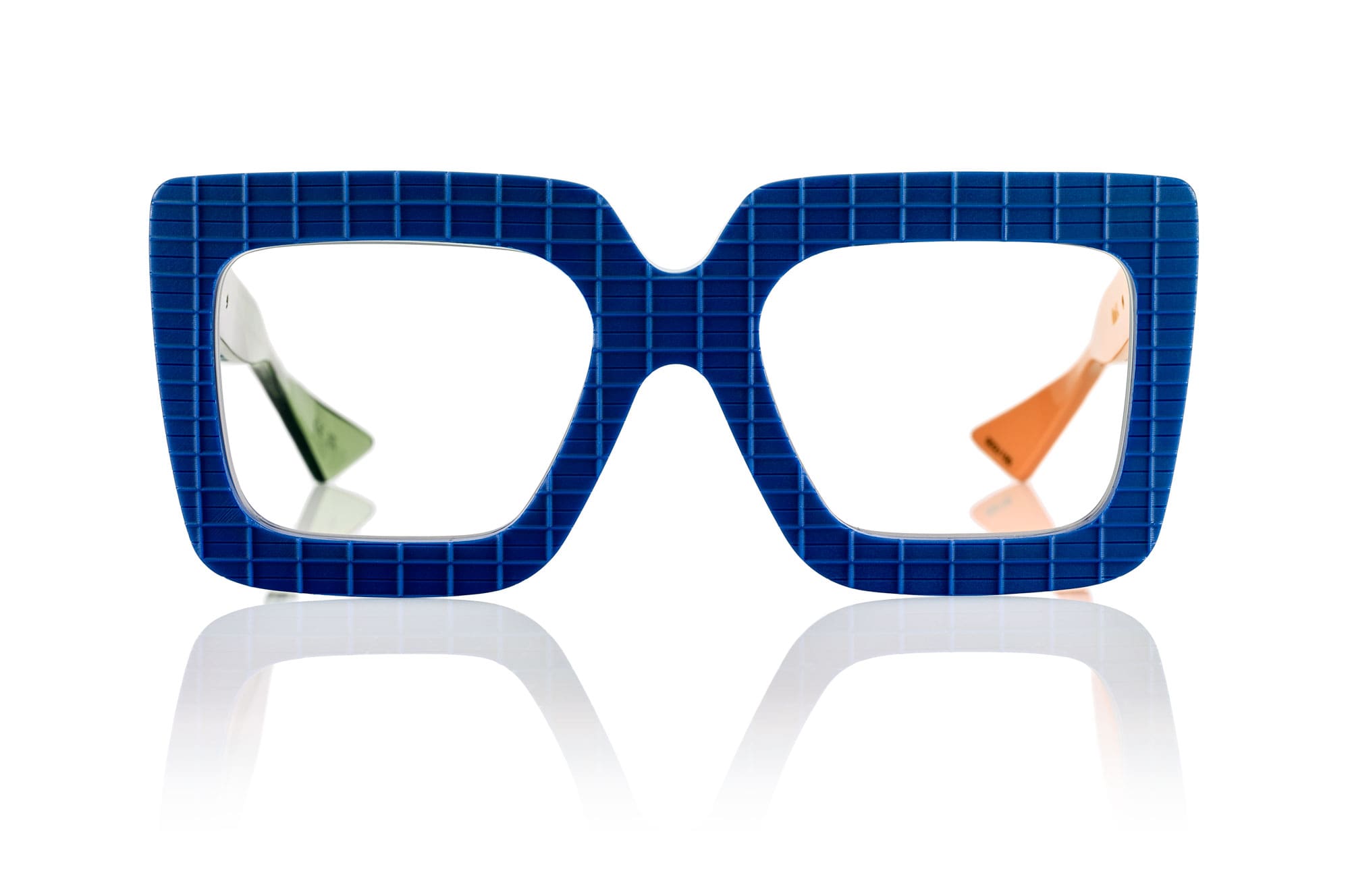 Blue Piero Massaro frames with green and orange arms